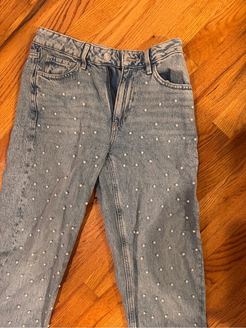 Dynamite Light Blue Pearl-Studded High Rise Jeans